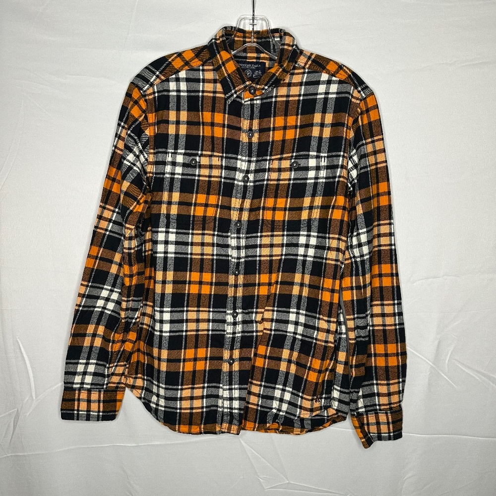 American Eagle Orange & Navy Plaid Button Down Flannel